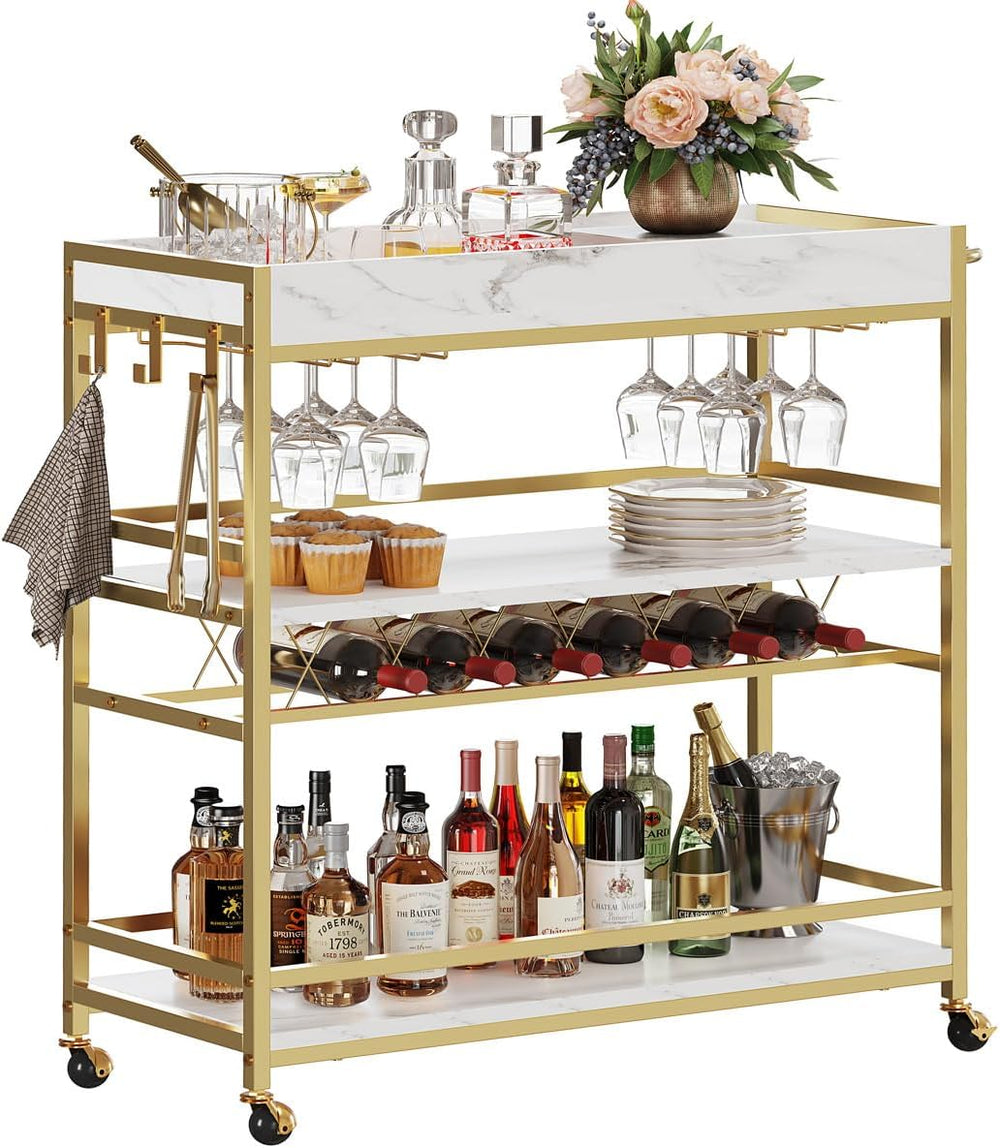 BON AUGURE Gold Bar Cart on Wheels for Home with Wine Rack & Glass Holder...