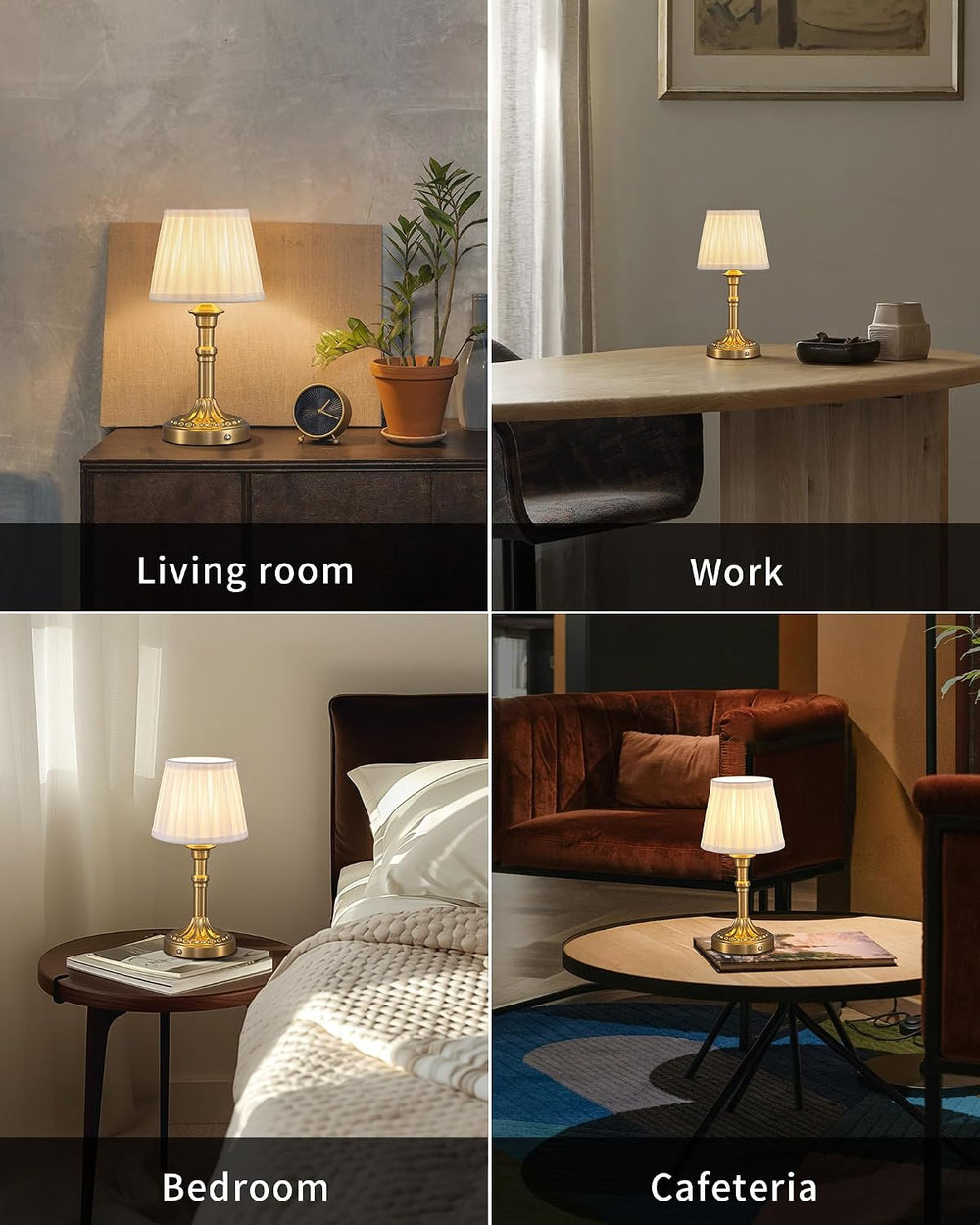 KDG Gold Cordless Portables Table Lamp, Beige Fabric Shade Small Desk Lamp