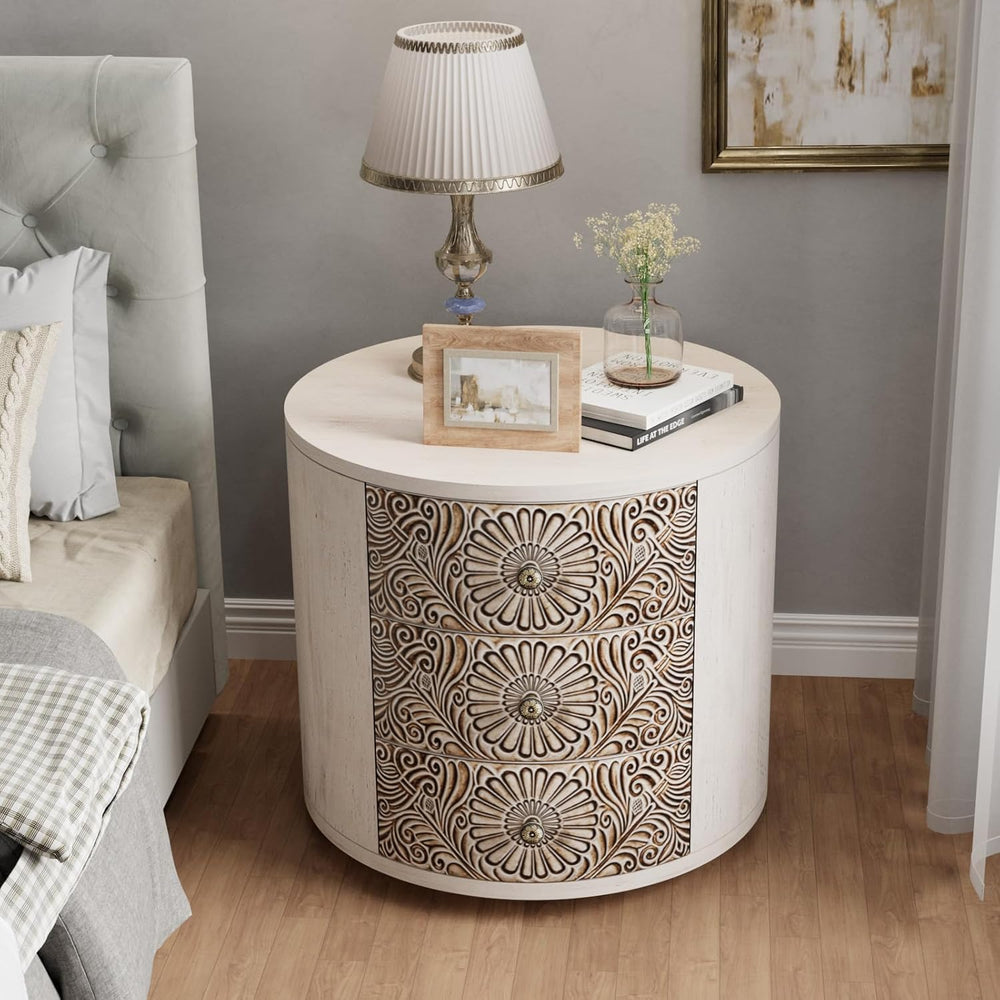 COSIEST Bedside Table Set of 2, Wood Nightstand 3 Drawers, Farmhouse Round En...