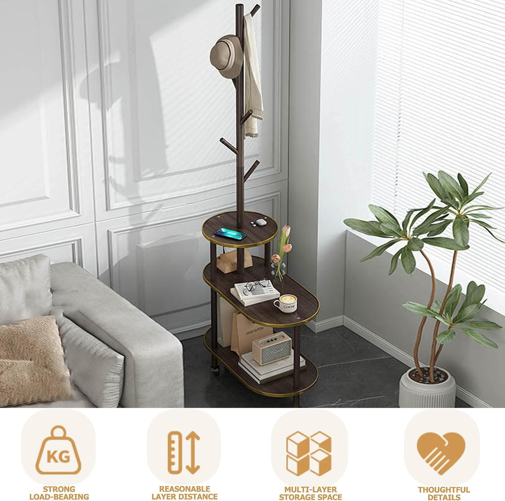End Table with Coat Rack 3-Tier Couch Side Table with Storage for Small Space...
