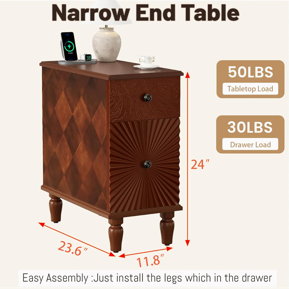 Wood End Table with Charging Station, Fully Assembled Slim Side Table with Dr...