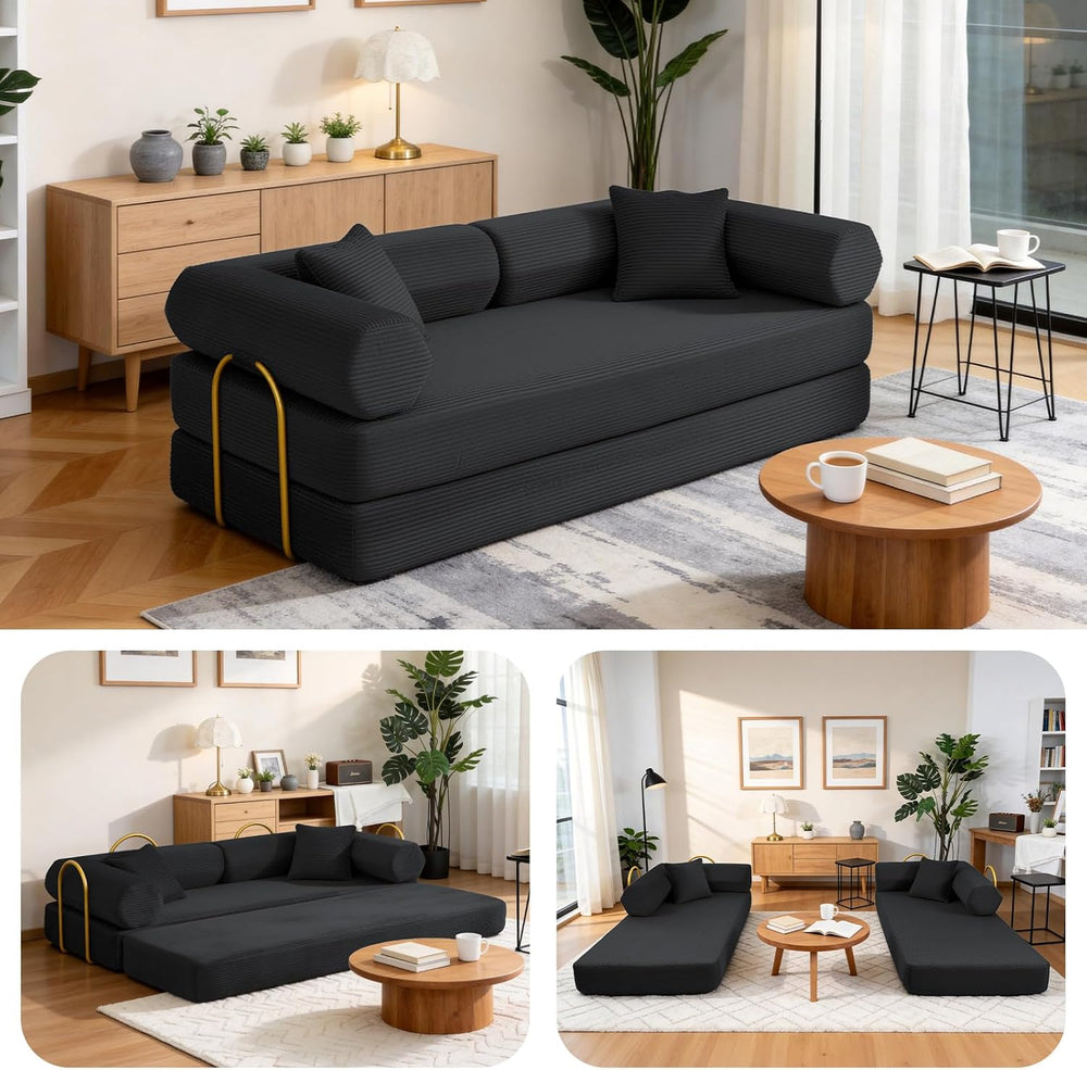 79" Corduroy Sofa Bed, Couch in a Box with 2 Pillows, High-Density Foam ...