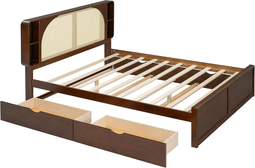 SOFTSEA Queen Size Rattan Bed with Trundle and 2 Drawers, Elegant Traditional...