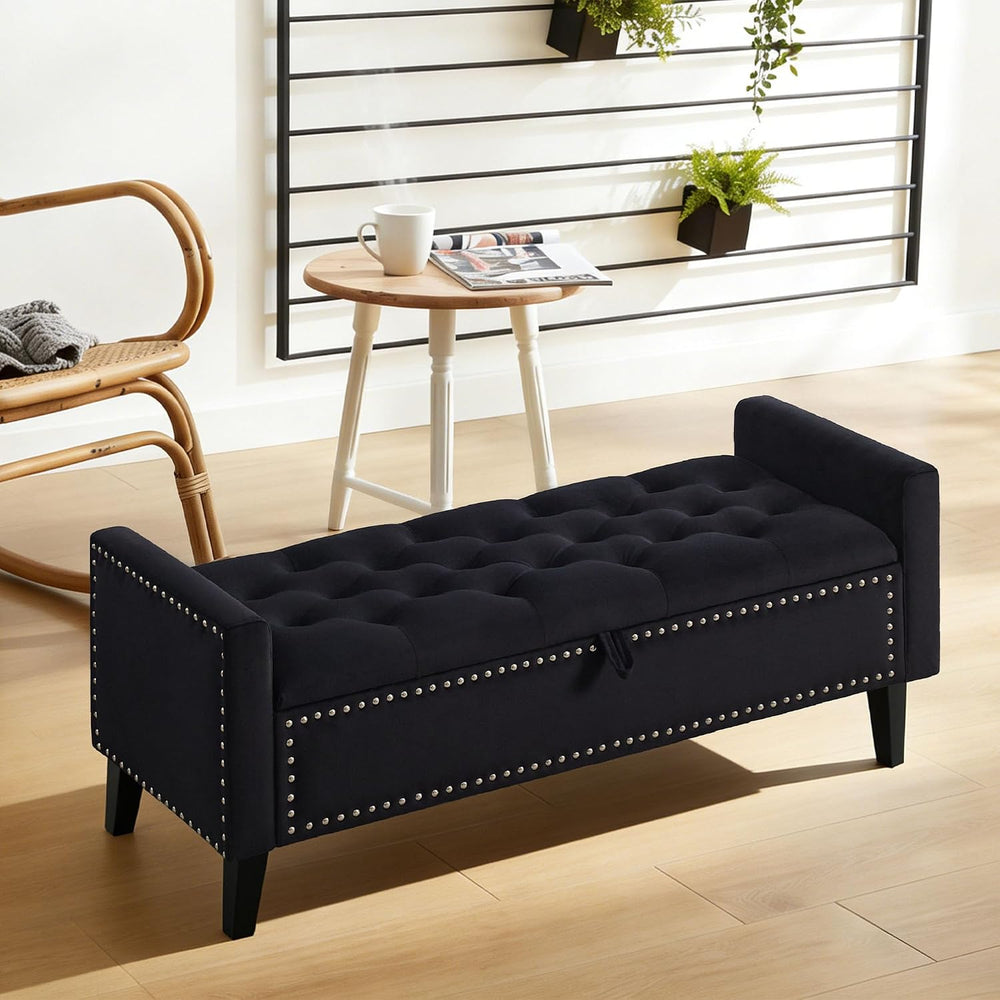 47in Velvet Storage Ottoman Bench with Arms, Upholstered Storage Bench with W...