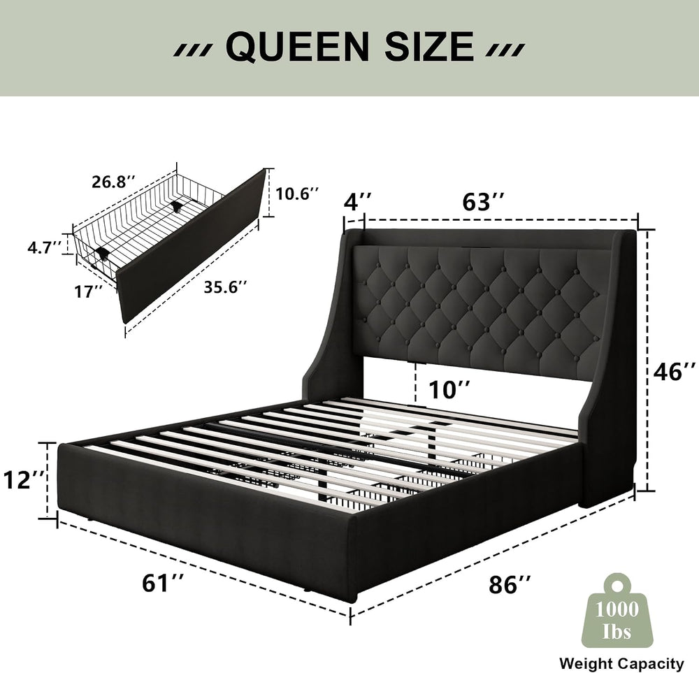 Feonase Upholstered Queen Size Bed Frame with 4 Storage Drawers, Storage Bed ...