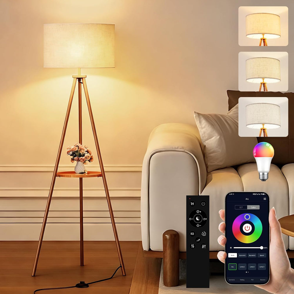 58.3" Mid-Century Tripod Floor Lamp with Shelf, Hidden Wiring, RGB Dimma...