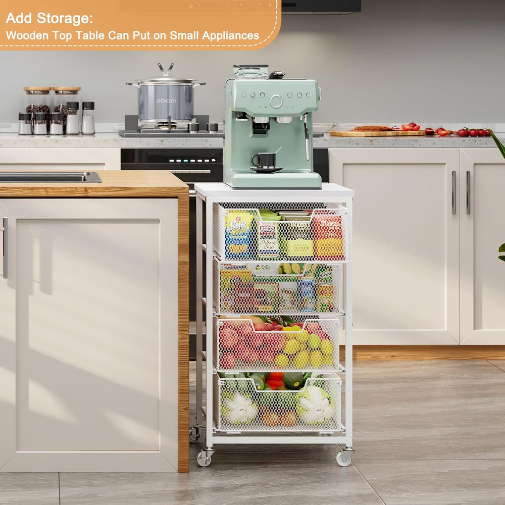 4-Tier Kitchen Storage Cart - Fruit Vegetable Storage Cart with Drawers, Wood...