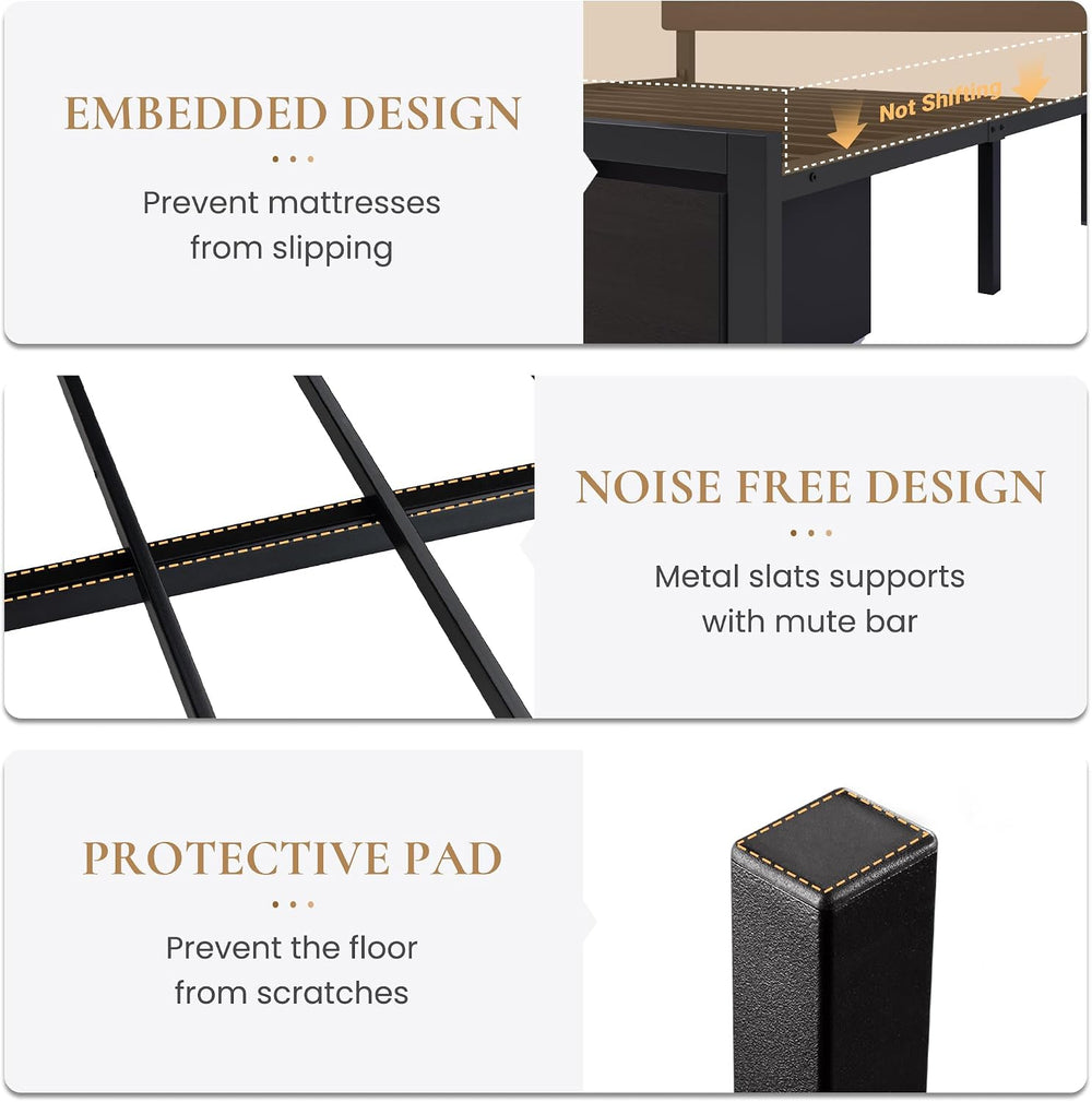 SHA CERLIN Queen Led Bed Frame, 2 Storage Drawers, Charging Station, Black