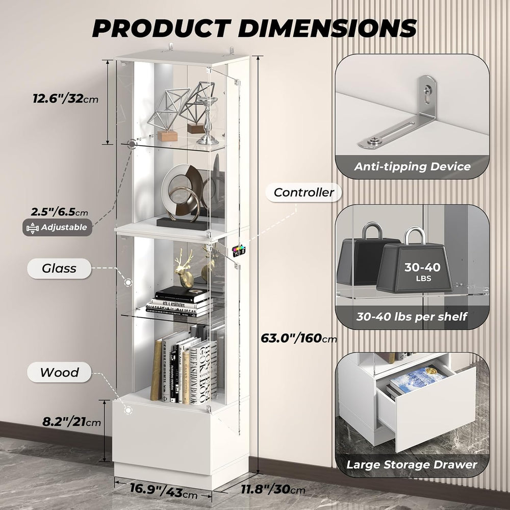 VersionTECH. Glass Display Cabinet, 4-Tier Curio Cabinet with RGB Lights for ...