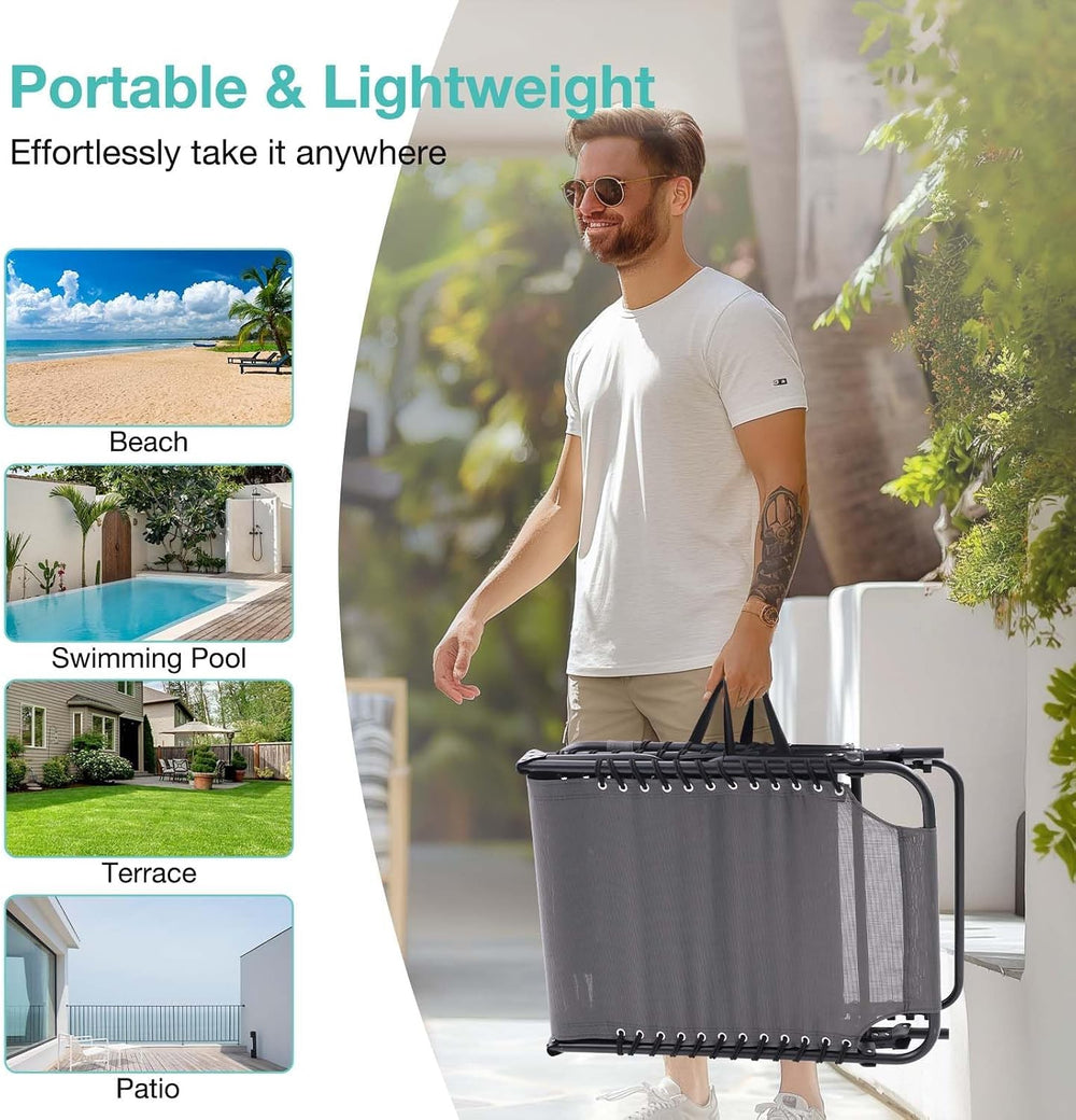 Gray Lounge Chairs for Outside, Folding Beach Lounger with Carrying Handle an...