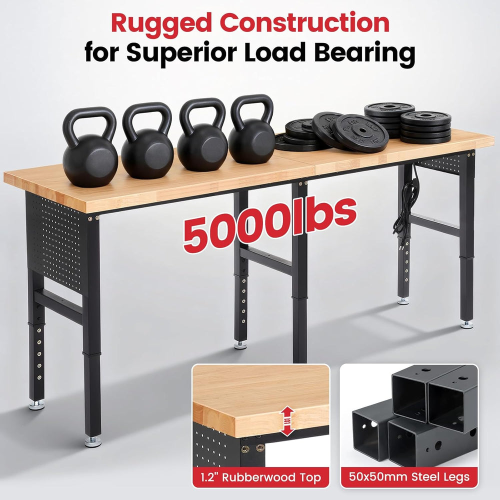 Work Bench 84 x 24 Inch Adjustable Height Rubber Wood Top Work Table 5000 Lbs...