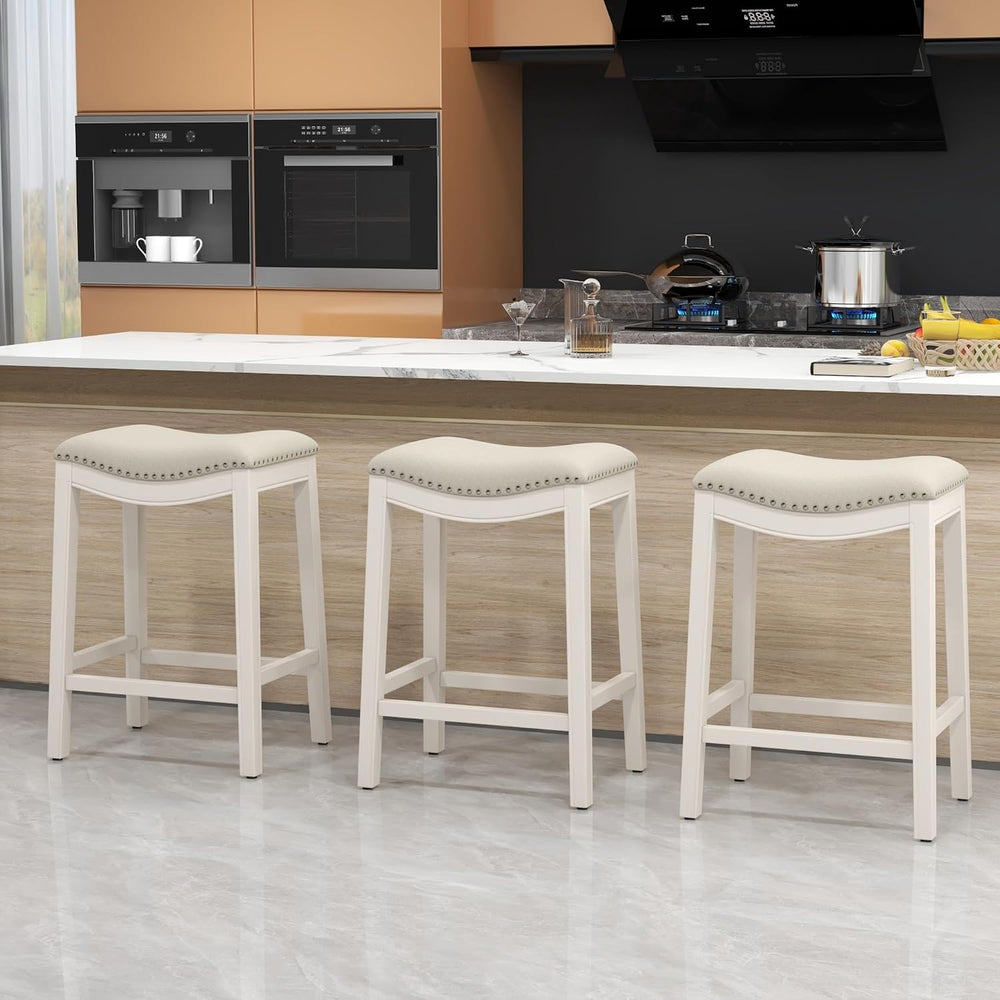 27" Backless Saddle Counter Stools Set of 3, Hand-brushed Wood Finish Legs