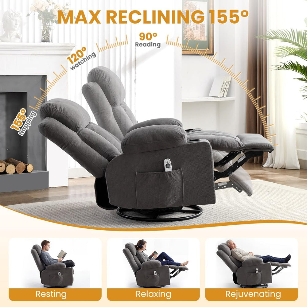 Swivel Rocker Recliner Chair with Vibration Massage & Lumbar Heating, Erg...
