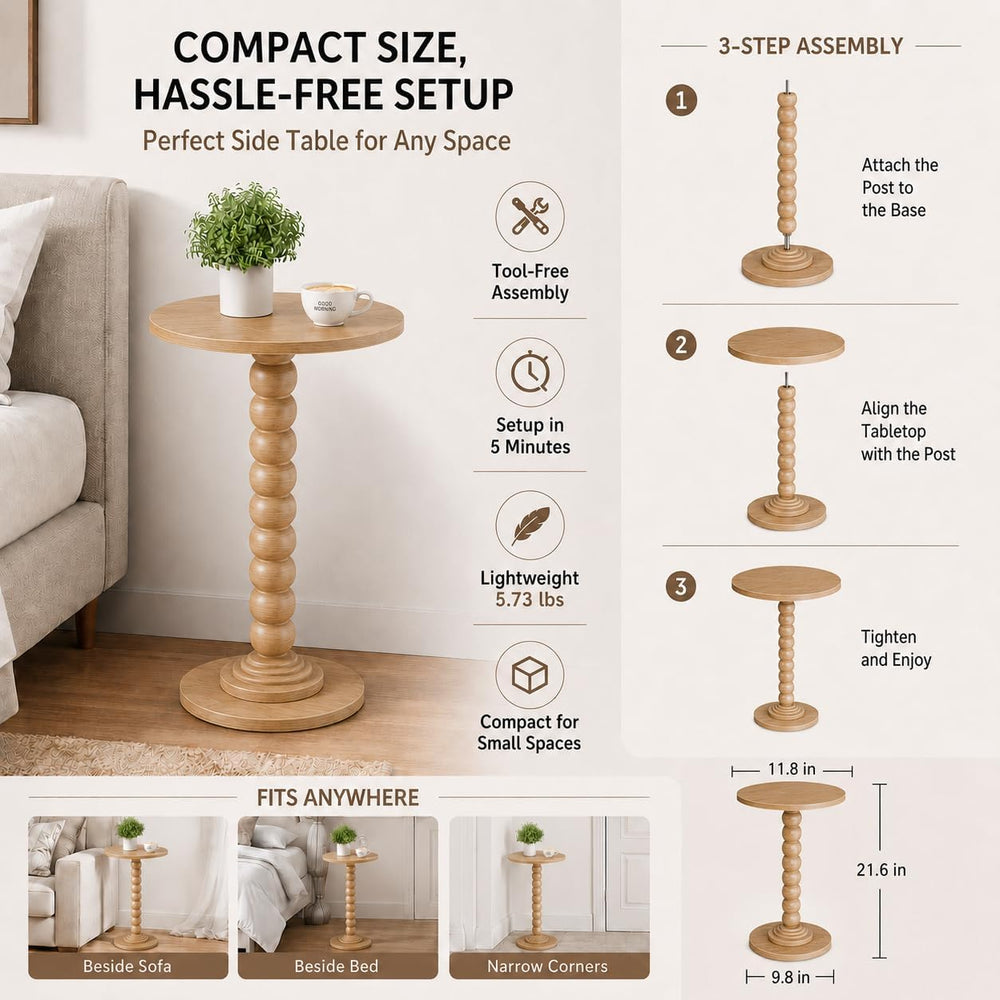 Round Side Table for Small Spaces, Modern Accent End Table with Solid Wood Le...