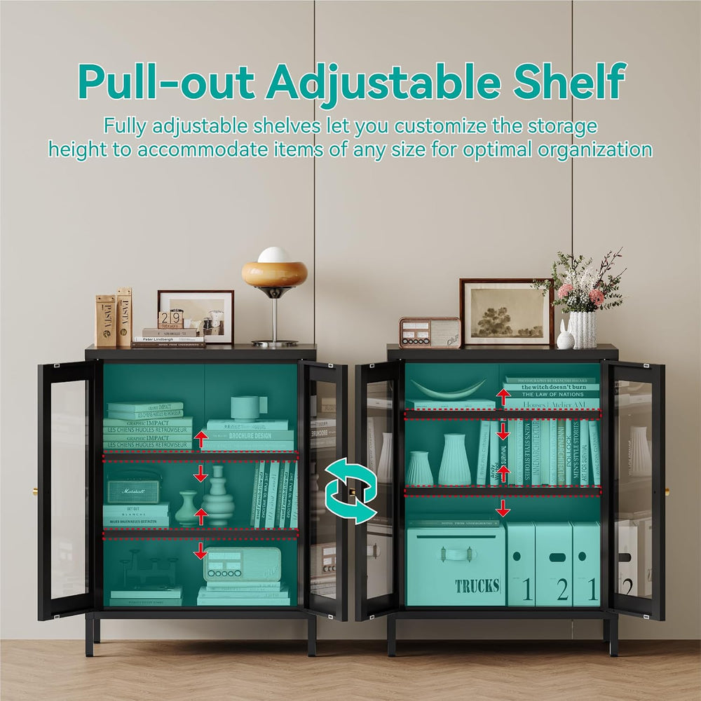 Small Metal Cabinet with Glass Doors,Display Storage Cabinet with 2 Adjustabl...