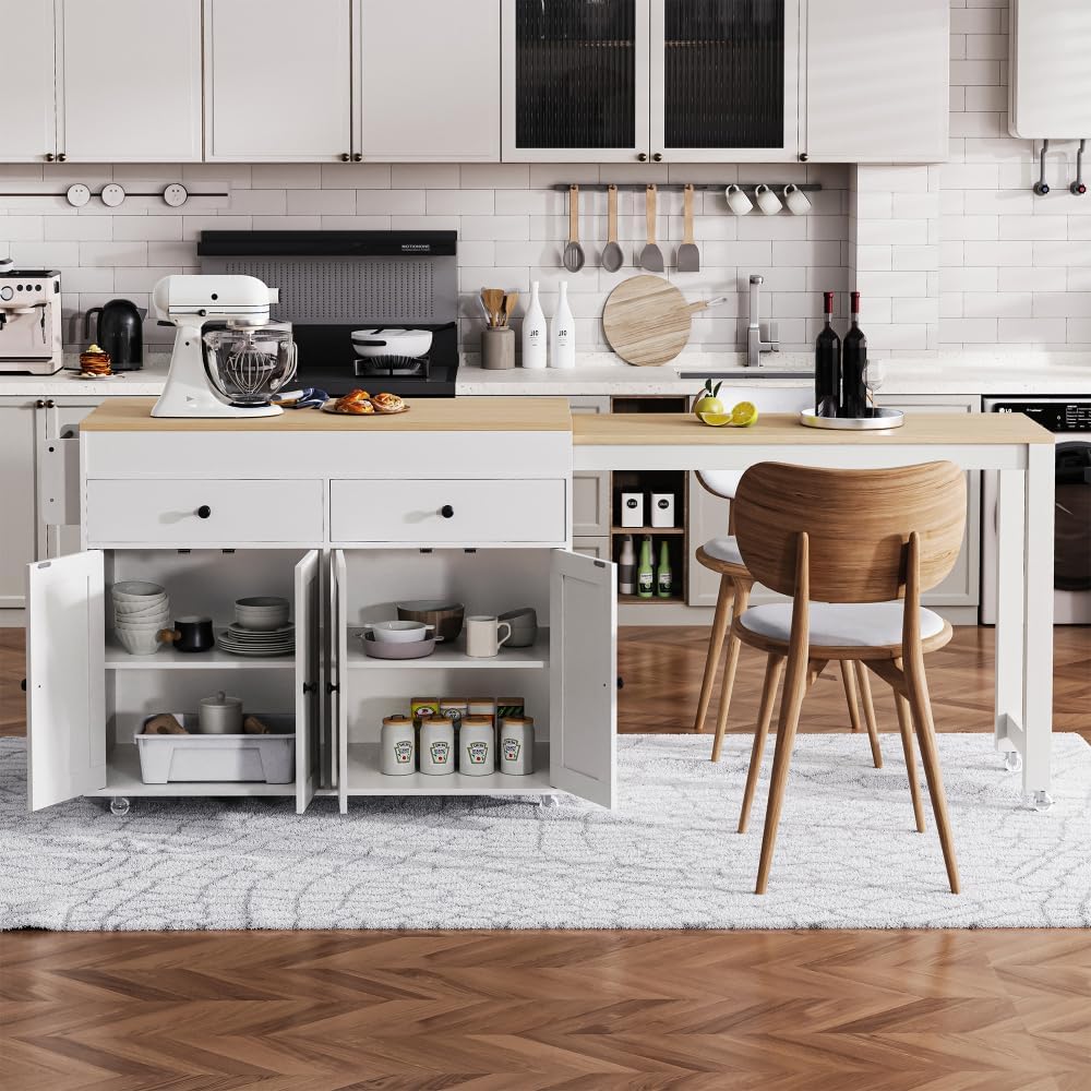 ZOEDO K&K 74.5 Inch Kitchen Island with Extendable Dining Table, Rolling ...