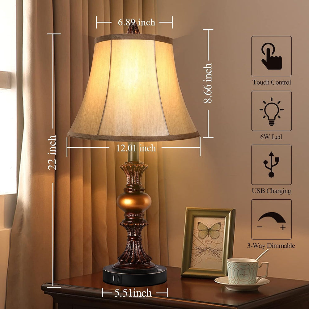 Touch Control Traditional Table Lamp Set of 2, Vintage Bedside Lamps with Dua...