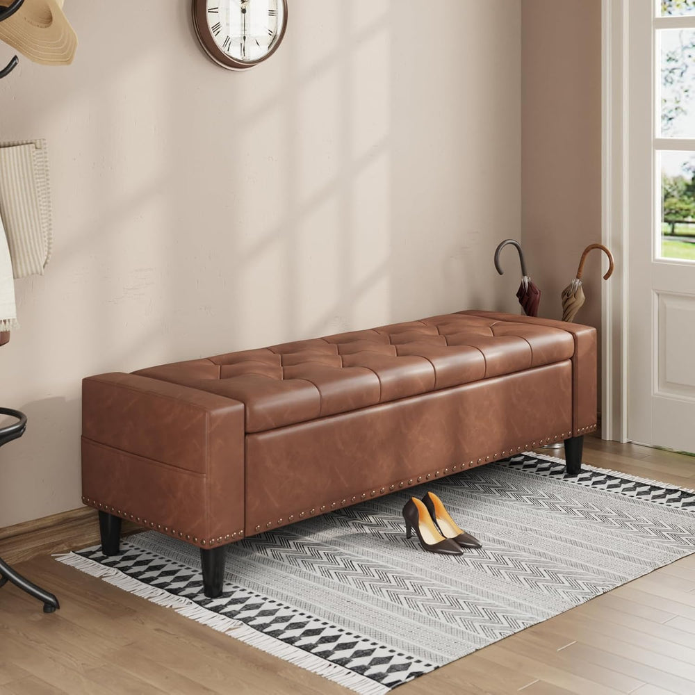 60" Storage Ottoman Bench, Faux Leather Upholstered Bed Bench, Brown | B...