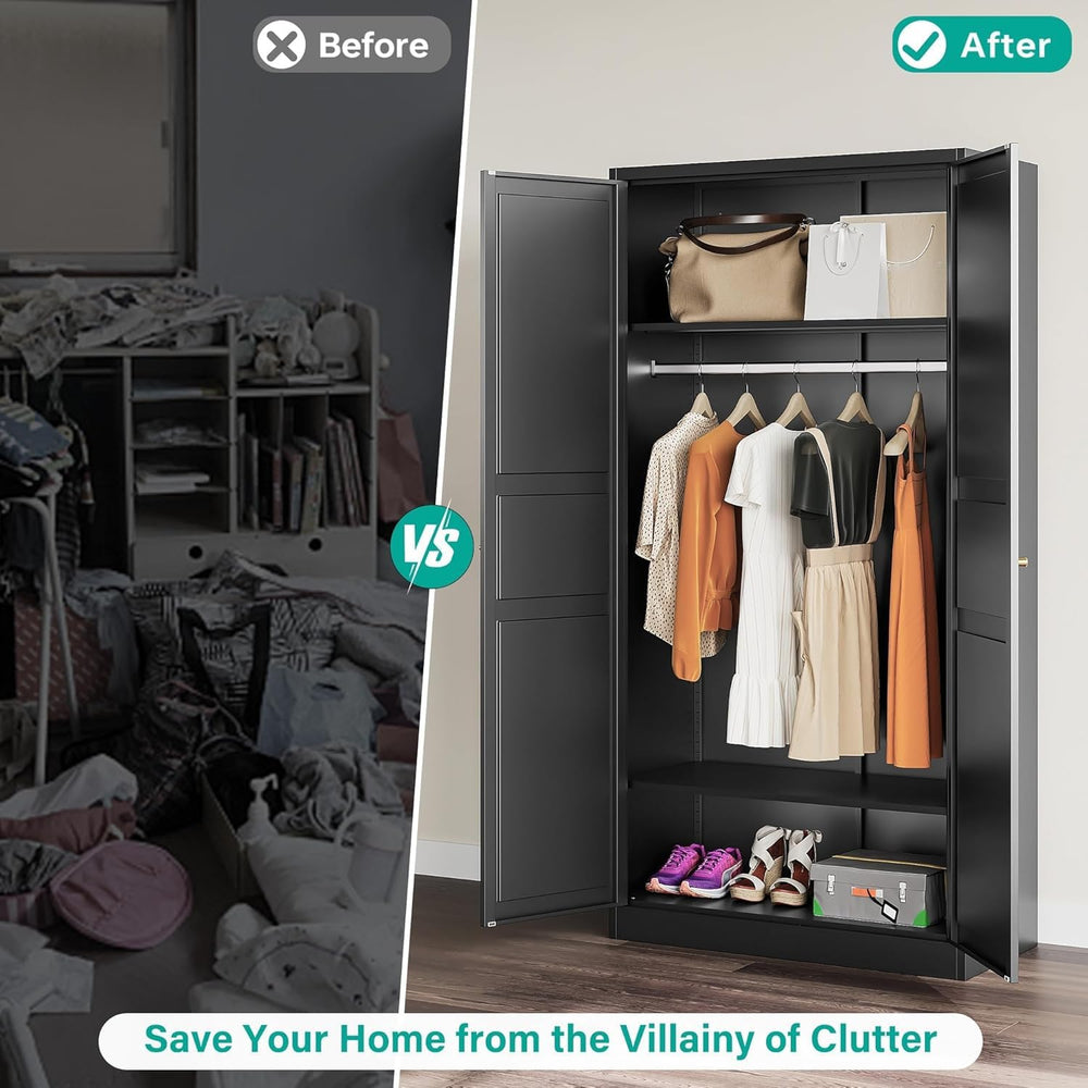 SISESOL Metal Wardrobe Cabinet with Hanging Rod,Black Armoire Wardrobe Closet...