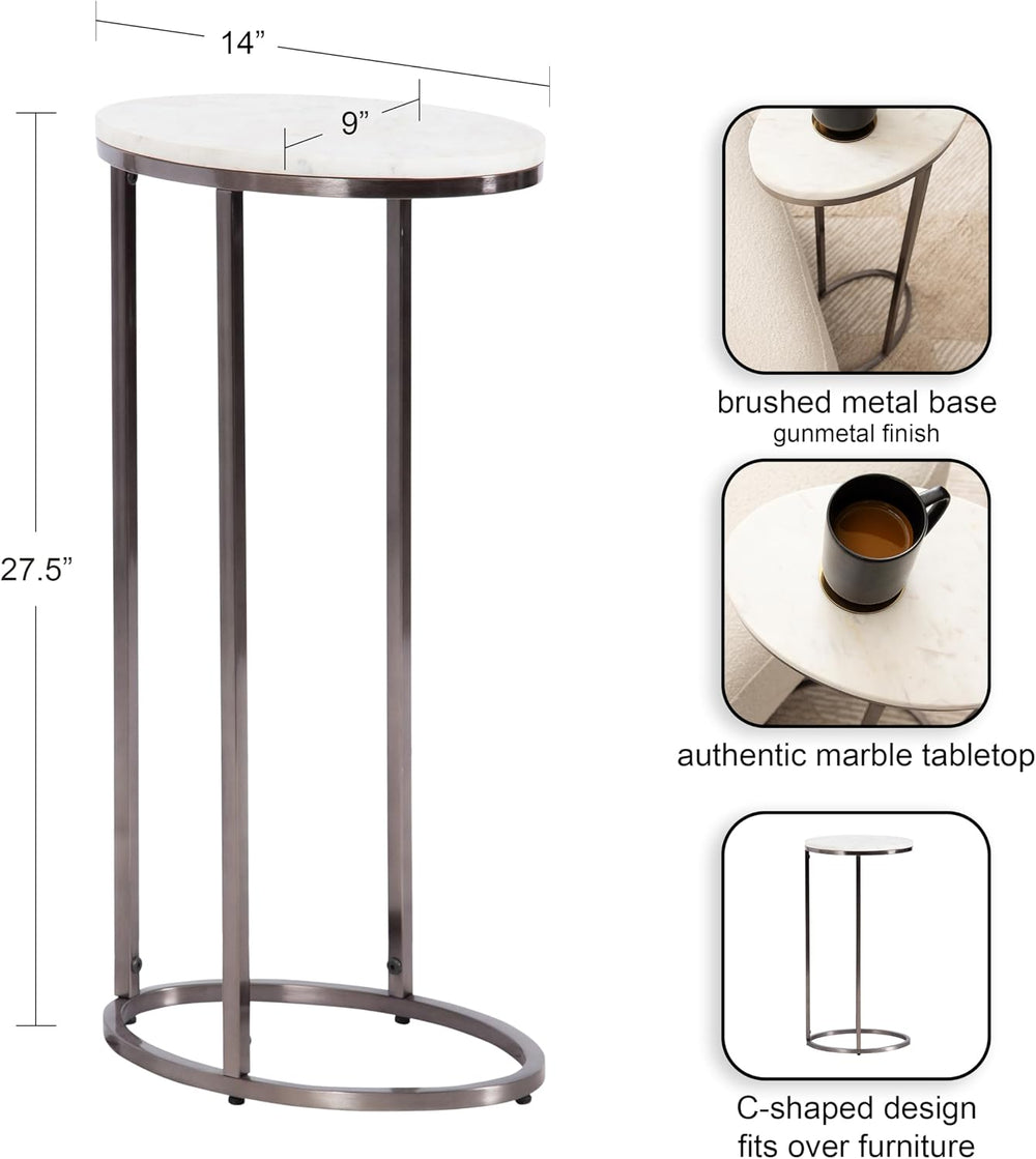 Kate and Laurel Natalli Modern Glam Oval C-Table, 14 x 9 x 28, White Marble a...