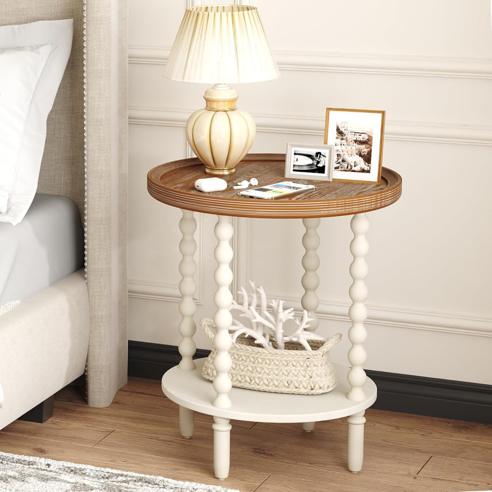 Function Home Round End Table, Farmhouse Side Table with Storage Shelf, 2 Tie...