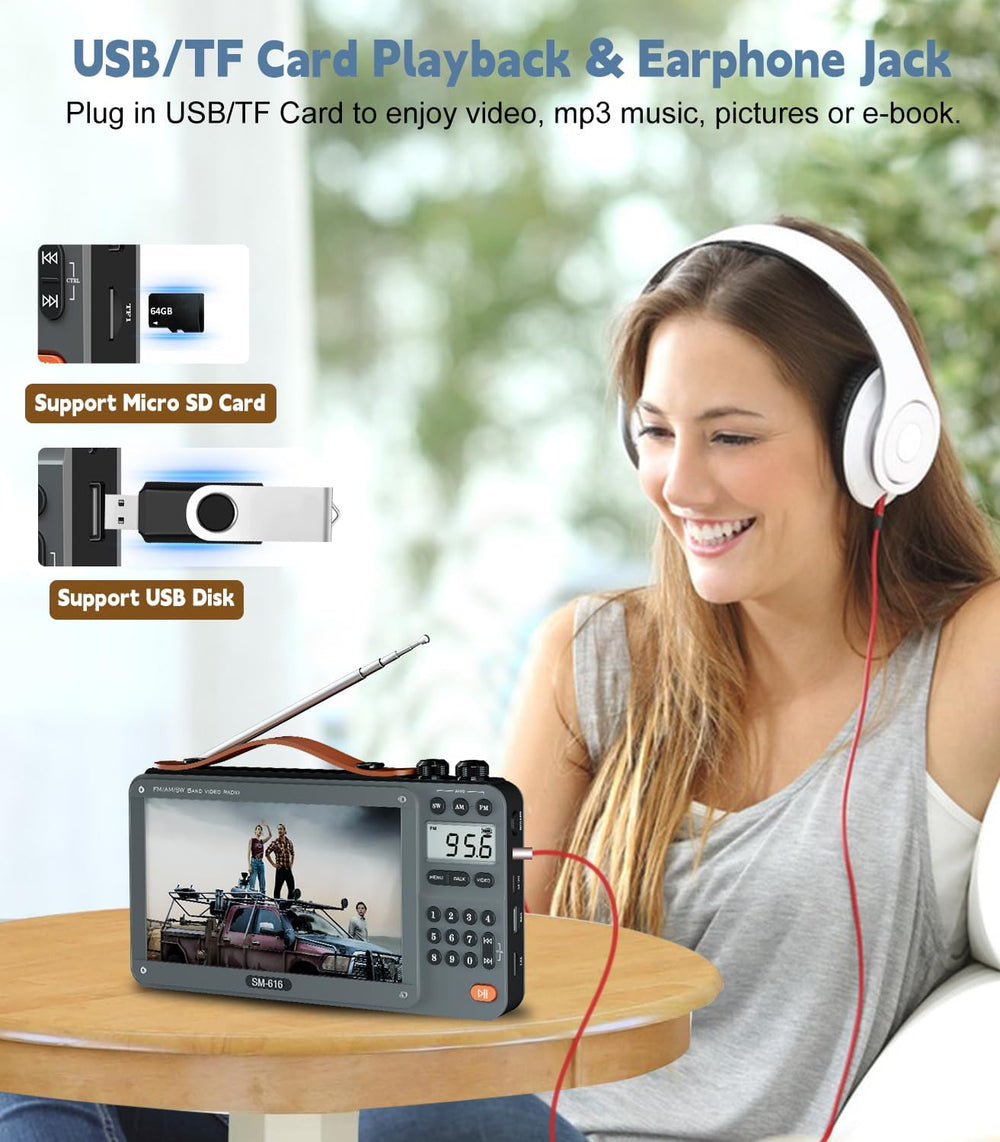 720P 7Inch Screen AM FM Movie Video Radio with Bluetooth Speaker, Rechargeabl...