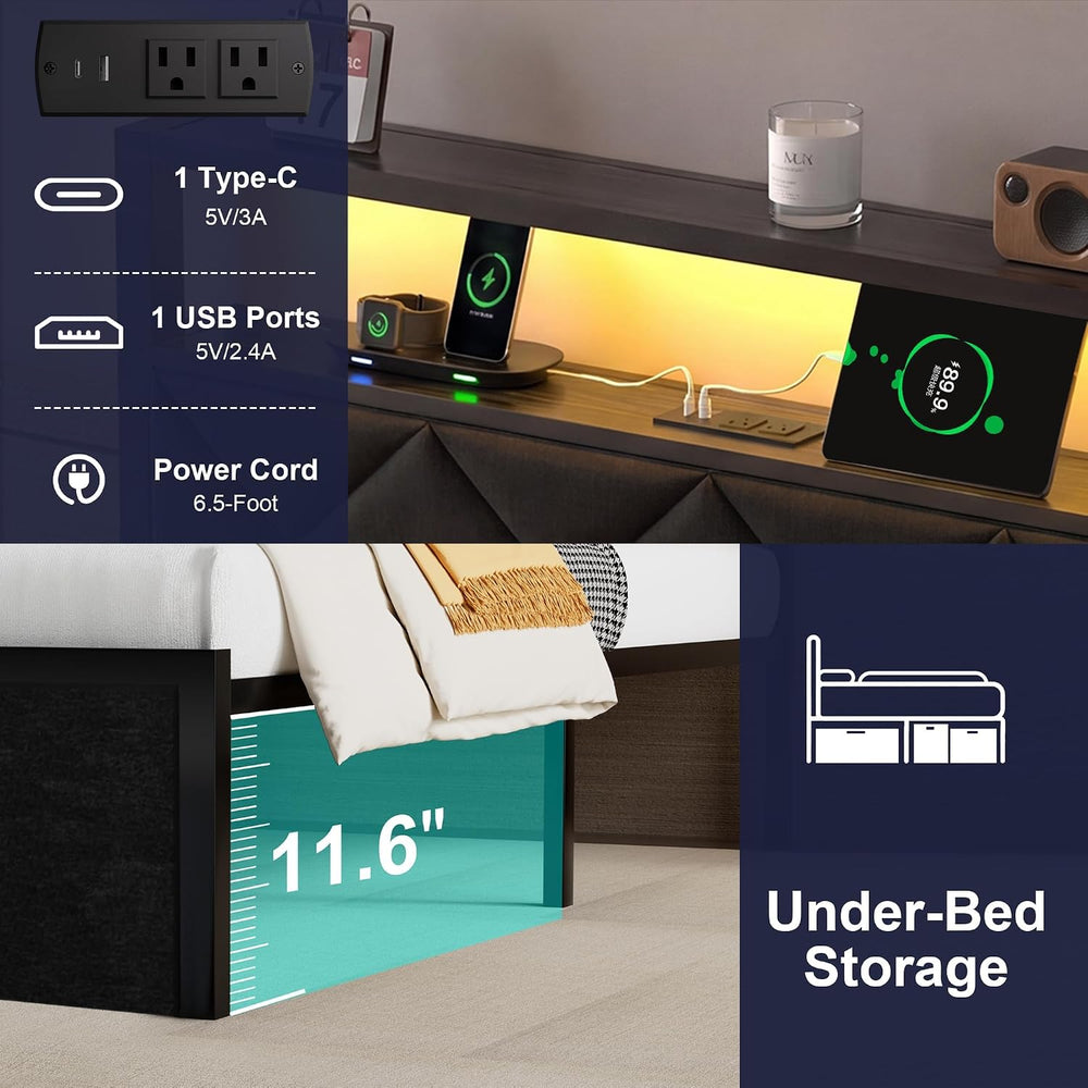 Twin Bed Frame with LED Lights, Charging Station & 2 Storage Drawers, Met...