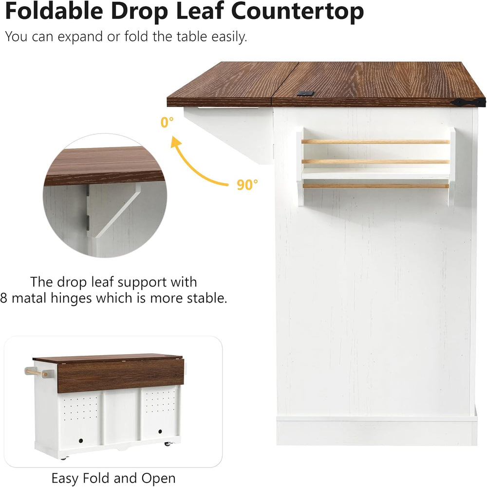Merax 72" Farmhouse Rolling Kitchen Island with Drop Leaf, White | Coffe...