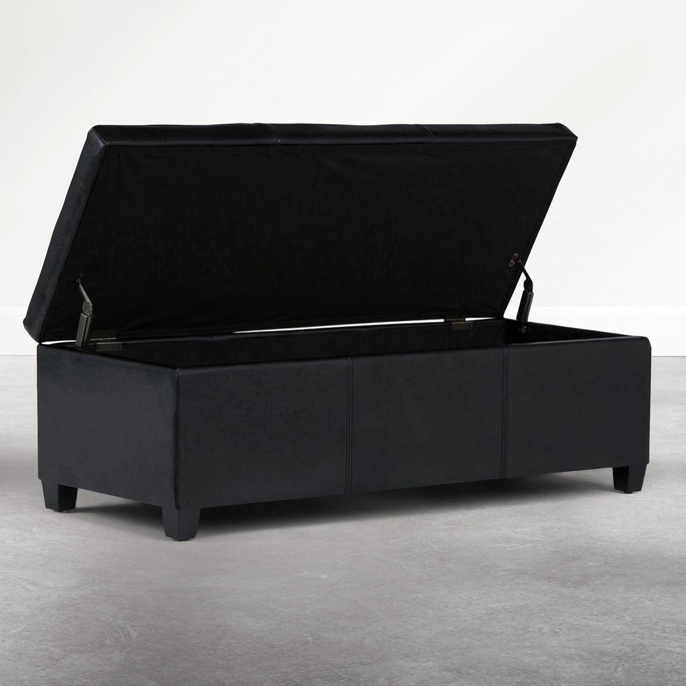 SIMPLIHOME Avalon 48" Wide Vegan Leather Ottoman in Carbon Black