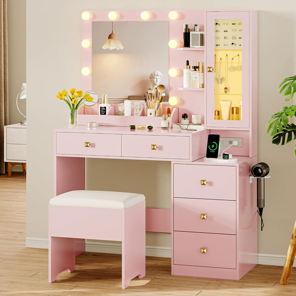 Vanity Desk with Mirror and Lights, Makeup Vanity Table Set with 5 Storage Dr...