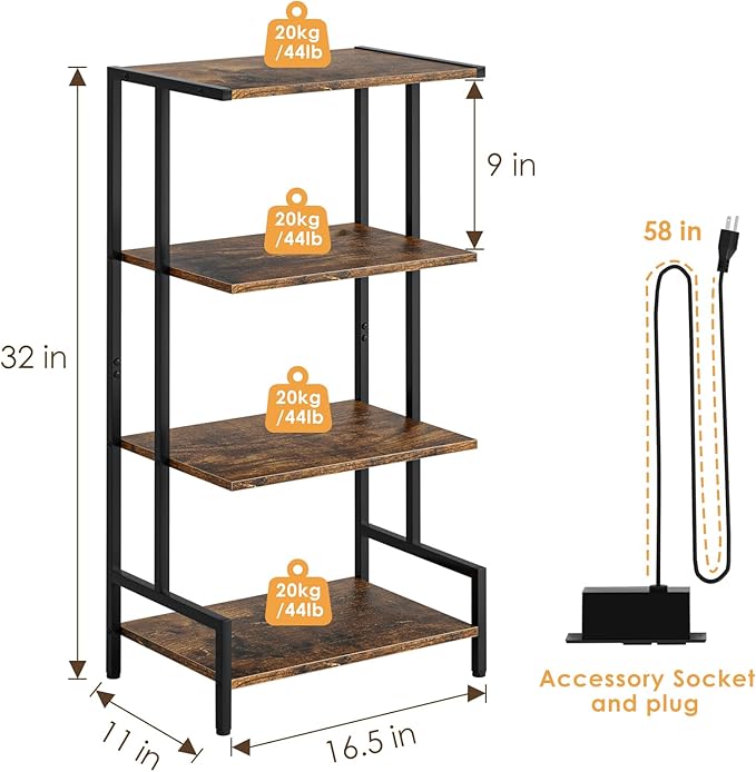 4-Tier AV Media Stand with Power Outlet and LED Lights,Wooden Stereo Stand Ca...