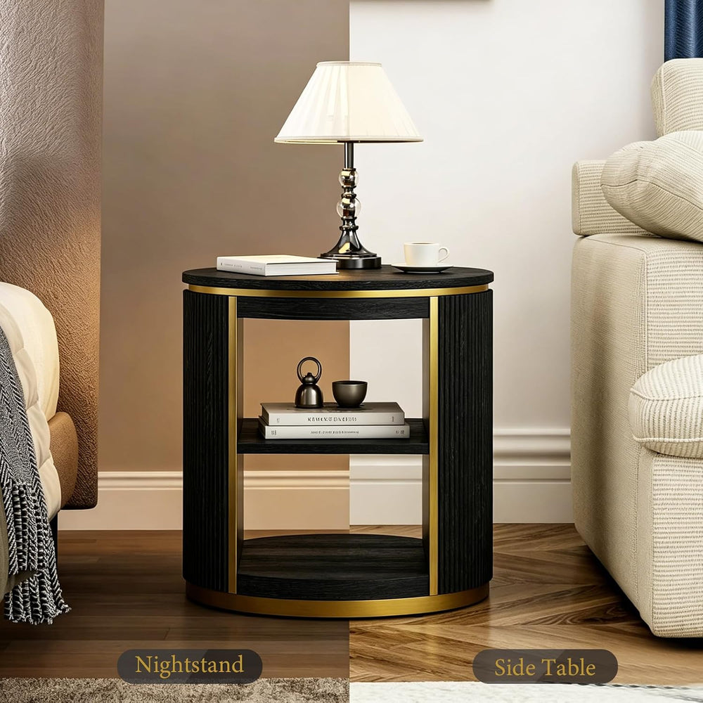 AUZ Round Black and Gold Fluted End Table Set of 2, 22" Mid Century Mode...