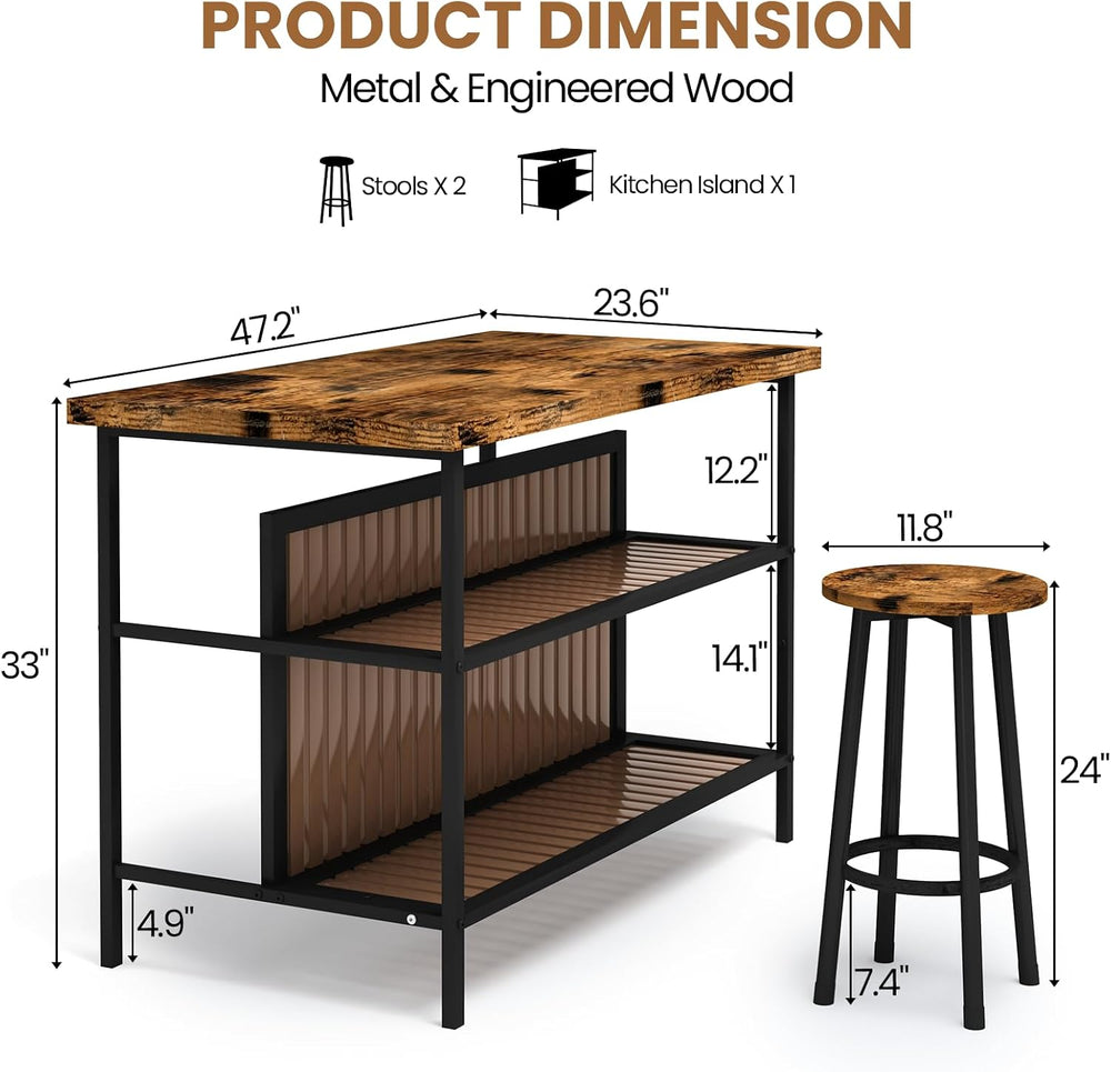 DKLGG Kitchen Island with Seating & Storage, Farmhouse Dining Table Set f...
