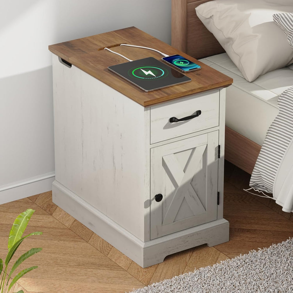 HOMMPA 23.6'' Farmhouse Narrow End Table w/Charging Station Rustic White