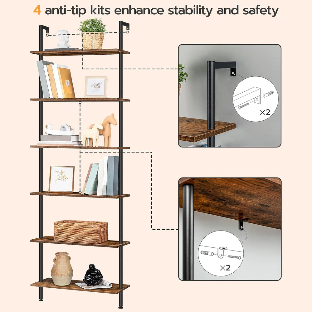 HOOBRO DIY Ladder Shelf, 6-Tier Wall Mounted Bookshelf, Office Vertical Bookc...