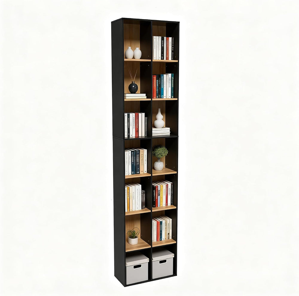 71" Tall Shallow Bookcase DVD Storage Shelf, 14 Cubes 7 Tier Narrow Wide...