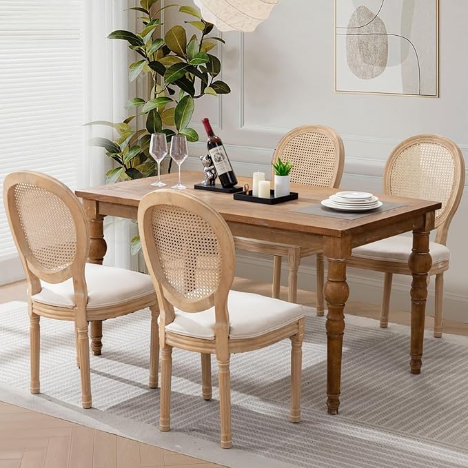 Rattan Back Upholstered Dining Chairs Set of 4 French Country Oval Kitchen Si...