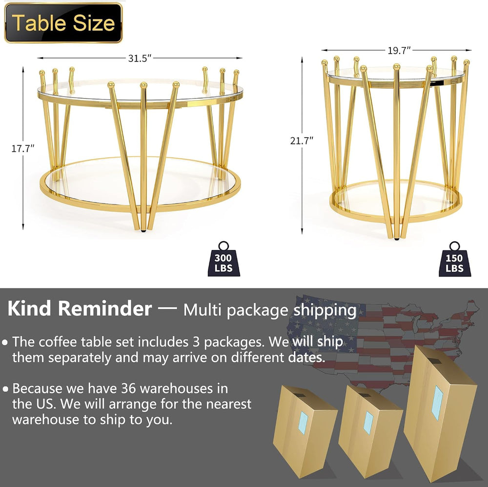 Luxury Glass Coffee Table Set of 3, Modern Gold Round End Table Living Room T...