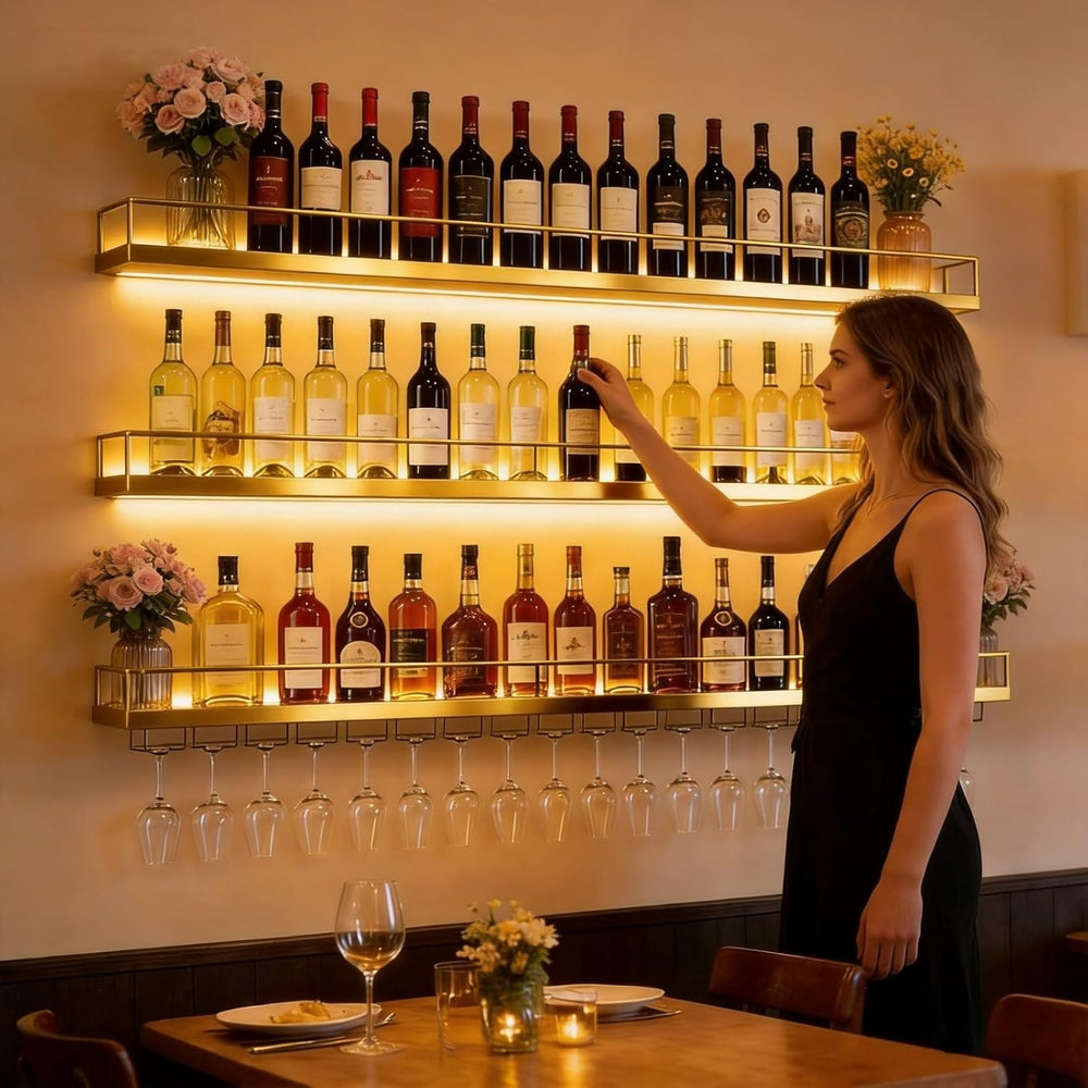 55in Wall Mounted Wine Rack, 3-Tier Metal Floating Bar Shelves with LED Light...