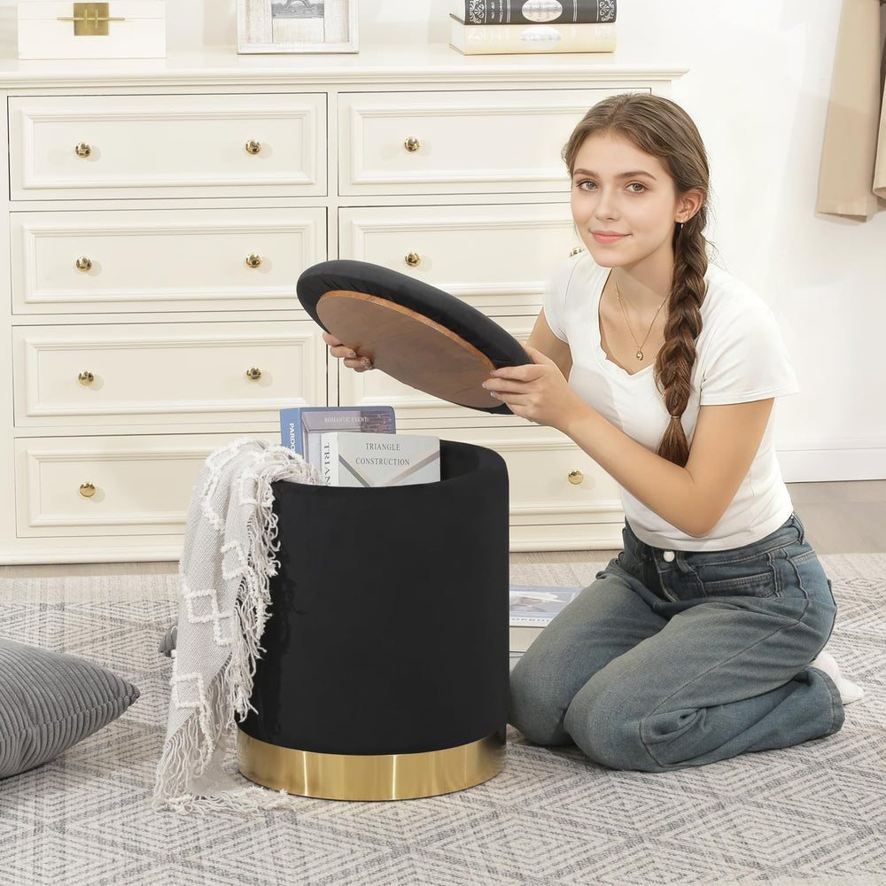 Joveco Round Velvet Storage Ottoman with Reversible Lid Tray & Gold Metal...