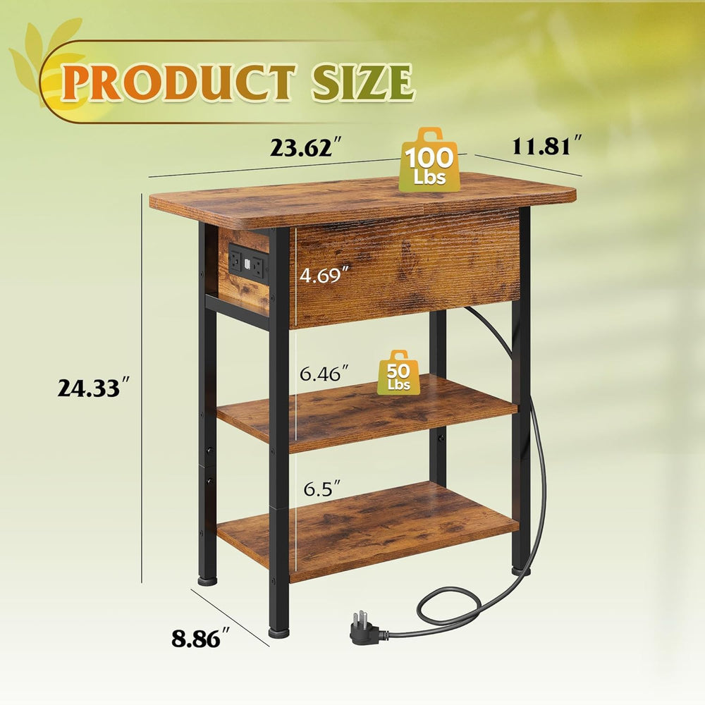 WLIVE End Table with Charging Station, Flip Top Narrow Side Table with Storag...