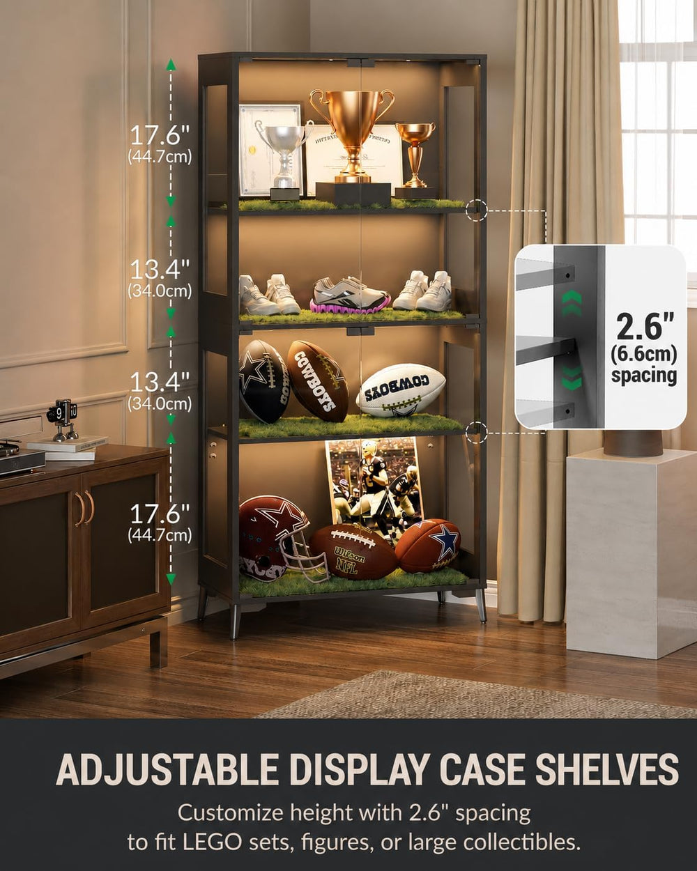 Glass Display Cabinet with Doors, 4-Tier Display Case with Adjustable Shelves...