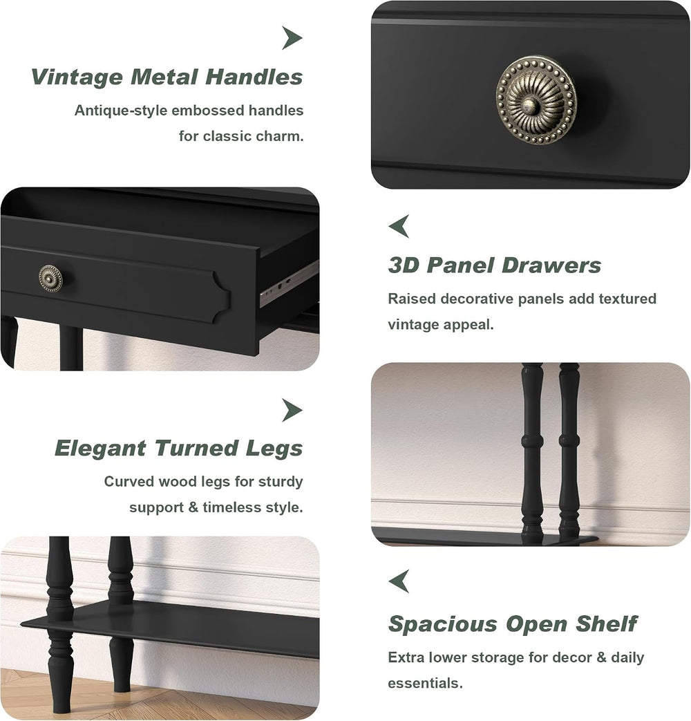 Console Table with 2 Drawers&Open Shelf, Black Retro Entryway Table | Dec...