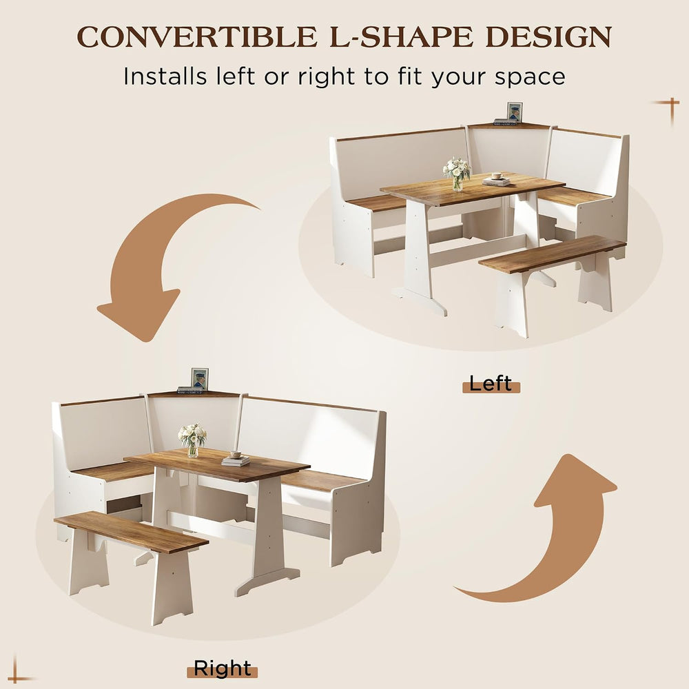LUXOAK 3-Piece Corner Dining Set with Hidden Storage, White & Barnwood