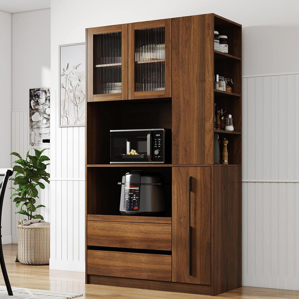 Tall Kitchen Hutch Cabinet with Pull-out Shelves, Storage Drawers, Glass Door...