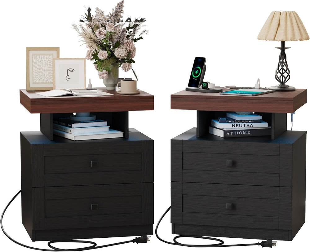 MHOM Farmhouse LED Nightstand Set of 2, Wood Bedroom Side Table with Charging...
