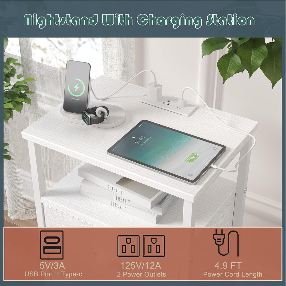 sthmec Nightstand with Charging Station,LED White Nightstand with 3 Fabric Dr...