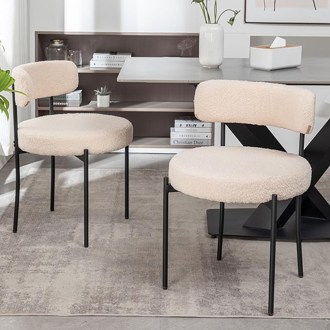 Boucle Dining Chairs Set of 2, Upholstered Dining Room Chairs with Black Meta...