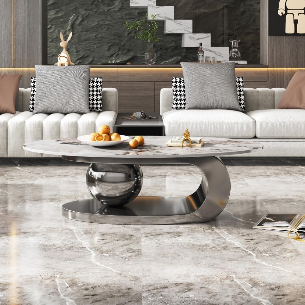 ZOEDO 49.2 Inches Oval Faux Marble Coffee Table for Living Room with Stainles...