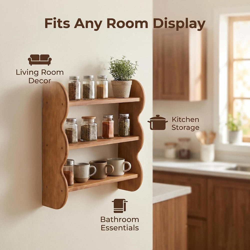 3-Tier Wall Mounted Scalloped Shelf 100% Solid Wood, Rustic Floating Trinket ...